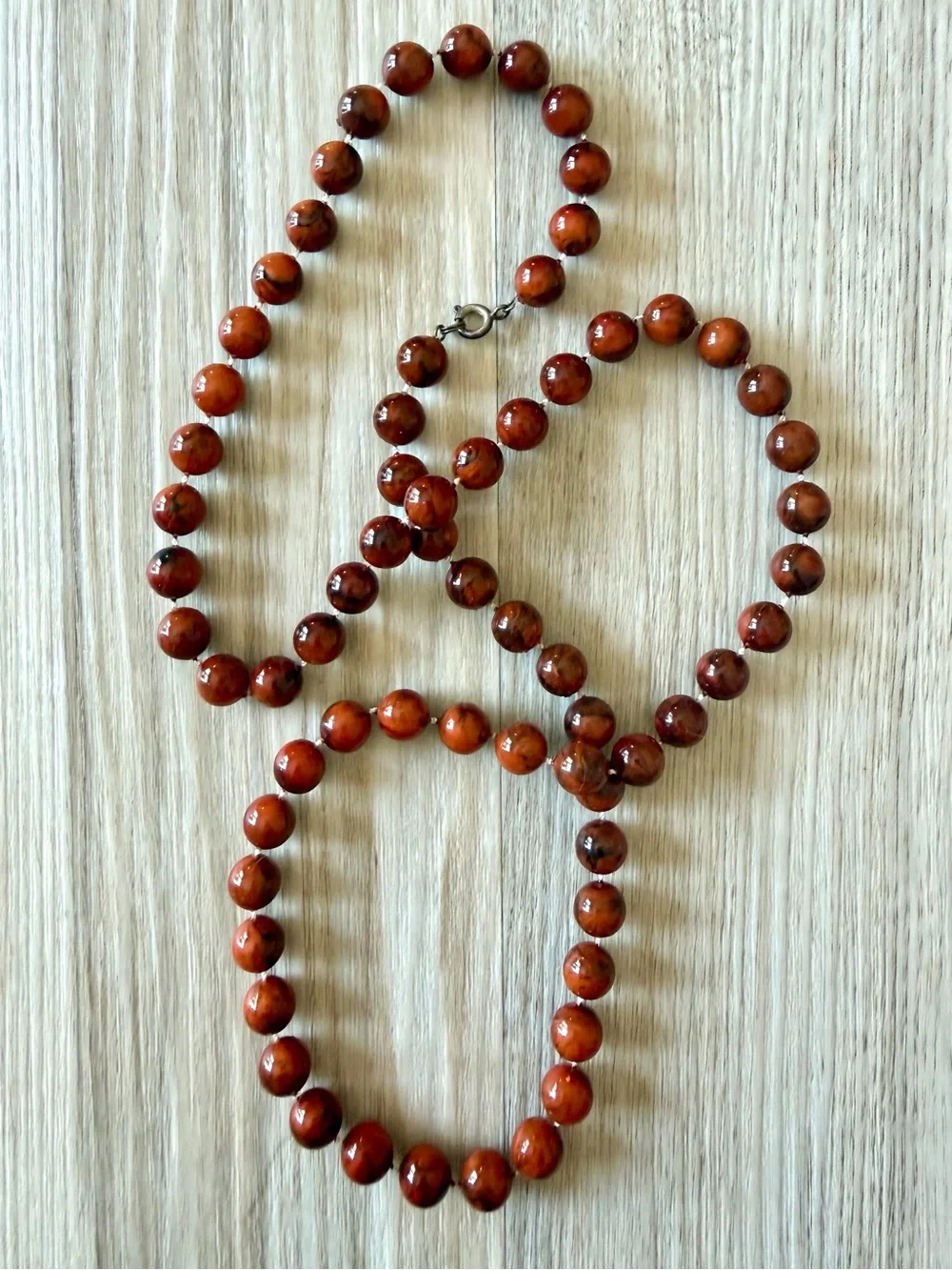 Vintage Brown Marbled Bead Necklace Knotted Faux Mahogany Obsidian Mid Century